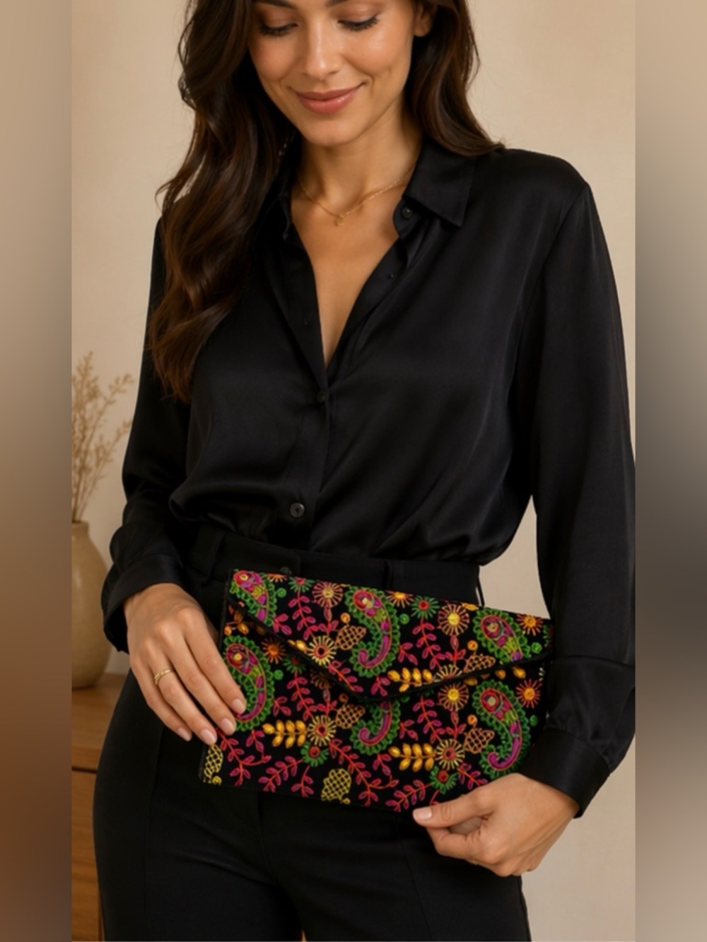 Boho Embroidered Clutch Crossbody Black Multicolor Floral Paisley 12x8 inches